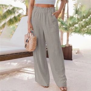 Pantaloni donna gamba larga in lino grigio chiaro a vita alta con cintura arricciata