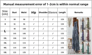 Size chart for women's printed slip maxi dress showing S to 5XL body measurements