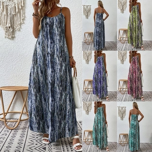 Women's Bohemian V-Neck Spaghetti Strap Maxi Dress Summer Holiday Abstract Gradient Print Sleeveless Loose Long Dress