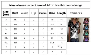 Size chart for women's V-neck floral T-shirt showing bust and length measurements