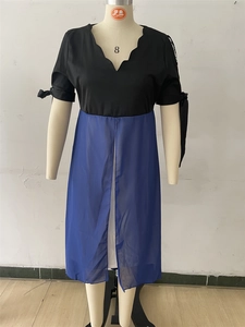 Detail of color-block dress with wave-trim V-neckline and bow-tie short sleeves