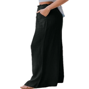 Pantaloni neri da donna a vita alta e gamba larga con vita elastica a balze
