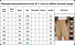 Tableau des tailles pour short femme à taille haute avec cordon de S à 5XL détaillé