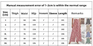 Guide des tailles pour pantalon fleuri femme avec mesures de taille et de hanches