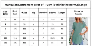 Detailed size chart for women's loose casual t-shirt with back buttons in various sizes