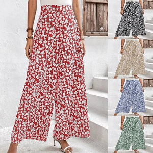 Pantalon Large Fleuri Taille Haute pour Femme Été Décontracté Ample Évasé Style Bohème Taille Smokée Pantalon Long Fluide