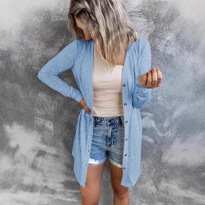 Women's light blue long sleeve button down knit cardigan sweater with a casual long fit