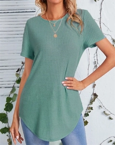 Detail of light green ribbed short sleeve t-shirt with curved hem and back buttons