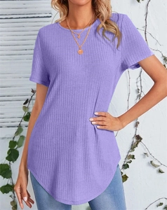 Women's casual loose purple ribbed t-shirt with crew neck and curved hem for summer