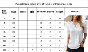 Detailed size guide table for women's V-neck lace short sleeve shirt from S to 5XL