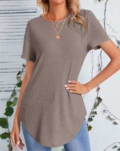 Women's tan ribbed knit short sleeve T-shirt with curved hem and casual round neck