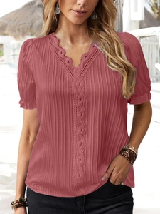Elegant retro pink V-neck lace hollow short sleeve shirt with textured fabric for women