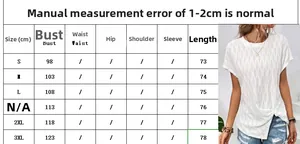 Size guide for women's loose round neck batwing sleeve t-shirt showing S to 3XL dimensions