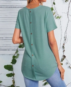 Detail view of grass green ribbed short sleeve t-shirt featuring functional back buttons