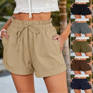 Short Paperbag Taille Haute pour Femmes Couleur Unie Cordon Ample Été Décontracté avec Poches Ourlet Revers Mode