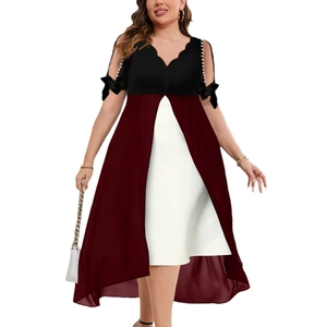Plus size short sleeve dress with V-neck patchwork and asymmetrical red chiffon hem
