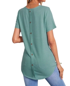 Sage green short sleeve knit t-shirt for women featuring back buttons and curved hem