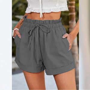 Short décontracté pour femme taille haute paperbag gris foncé avec cordon de serrage réglable