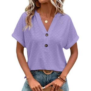 Women's casual purple V-neck T-shirt with decorative buttons and textured hollow fabric