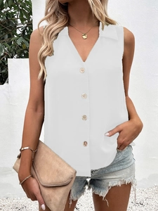 Detail view of white sleeveless chiffon top featuring a V-neck and dark wooden buttons