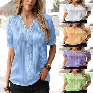 Women Elegant V Neck Lace Trim Short Sleeve Blouse Vintage Pleated Texture Puff Sleeve Summer Vacation Casual Tops Shirt