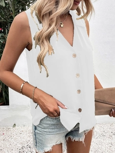Detail of white sleeveless V-neck chiffon shirt with rustic wooden buttons for summer