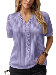 Women's light purple V-neck short sleeve shirt with delicate white lace trim and ruffled cuffs