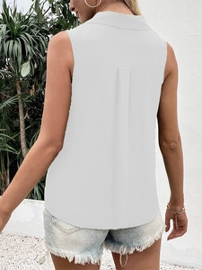 Back view of a white sleeveless chiffon blouse with pleated details and lapel collar