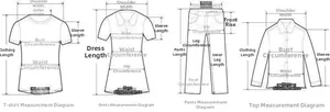Detailed measurement guide for T-shirts, dresses, pants and tops with specific sizing lines
