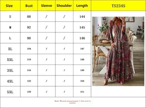 Detailed size guide table for V-neck boho maxi dress with flared sleeves from S to 5XL