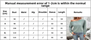 Detailed size chart for women's long sleeve off-shoulder knit top from size S to 2XL