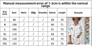 Detailed size chart for V-neck chiffon floral blouse with long sleeves S to 3XL