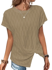 Women's khaki crew neck T-shirt with batwing sleeves and stylish side knot detail