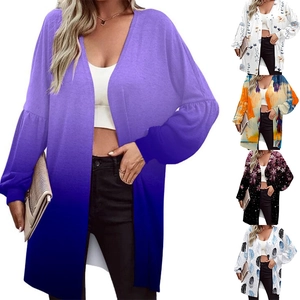 Women's Casual Long Sleeve Cardigan Jacket Fashion Printed Open Front Mid-Length Polyester Outerwear Top Fall Winter