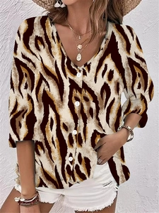 Women's V-neck long sleeve blouse featuring wild tiger print and button-down front