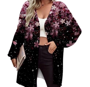 Close-up of floral print and nebula pattern on a black long sleeve knitted cardigan