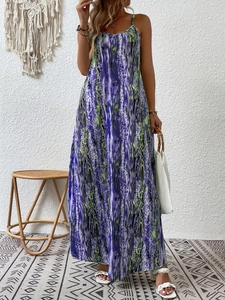 Bohemian women's long slip dress with abstract purple and green prints in a slim fit