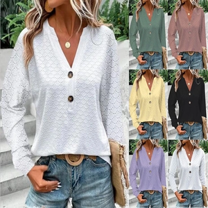 Women Casual V Neck Eyelet Embroidery Long Sleeve Blouse Solid Color Button Decor Hollow Out Fashion T Shirt Top