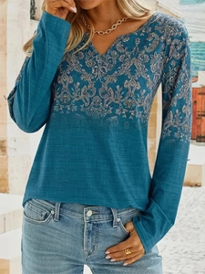 Women's V-neck long sleeve tee in peacock blue with vintage ethnic floral print