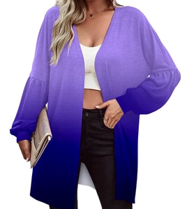 Detail of purple gradient knit cardigan featuring long lantern sleeves and open front