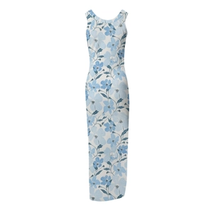 Détail de la robe longue blanche sans manches avec imprimé floral bleu et fente latérale