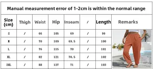 Size chart for women's casual linen trousers showing waist, hip and length measurements