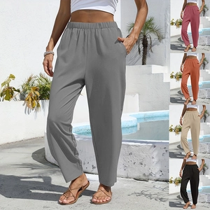 Women High Waist Casual Pants Elastic Waist Pockets Loose Straight Leg Trousers Solid Color Vacation Summer Lounge Pants