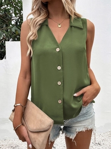 Detail of army green sleeveless V-neck chiffon shirt with decorative wooden buttons