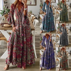 Bohemian V-Neck Bell Sleeve Maxi Dress For Women Vintage Paisley Print High Waist Flowy Vacation Beach Long Polyester Dress