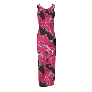 Détail d'une robe sans manches moderne avec imprimés abstraits magenta et noir fluides