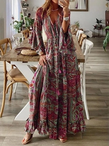 Bohemian long paisley print dress with deep V-neck and flared sleeves for women