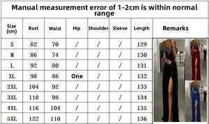 Detailed size chart for off-shoulder slit evening dress with bust and waist measurements