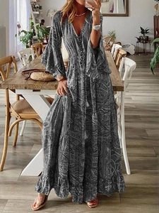 Bohemian paisley print maxi dress with bell sleeves and V-neck for women