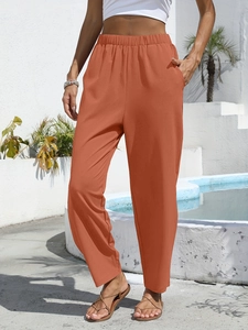 Women's high waist cotton linen casual pants with wide elastic waistband and deep side pockets